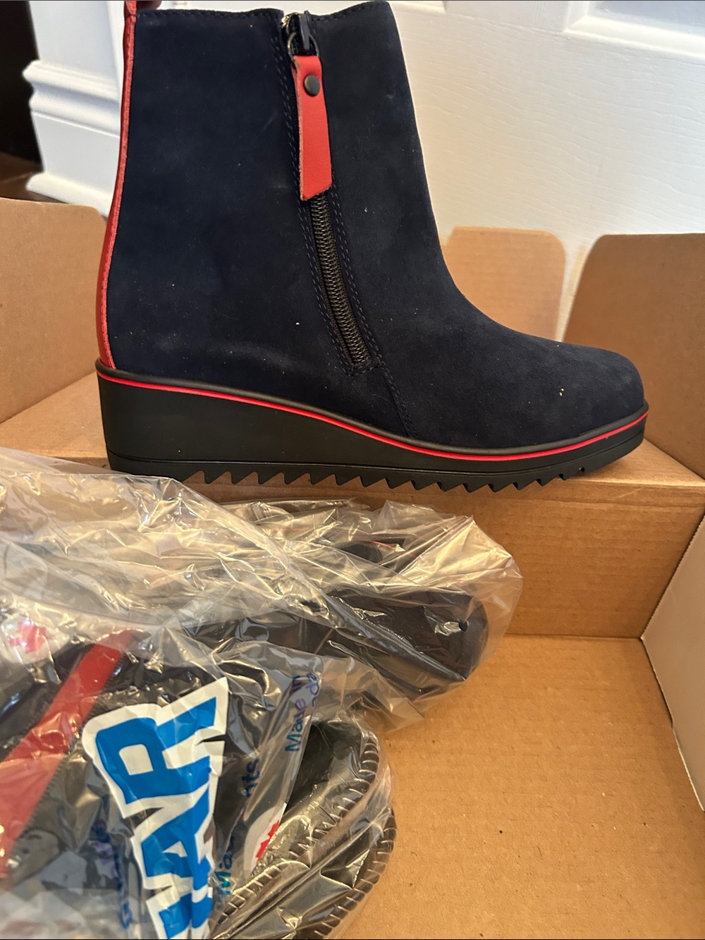 Women’s Navy Suede Wedge Ankle Boot with Red Trim. BNWT.